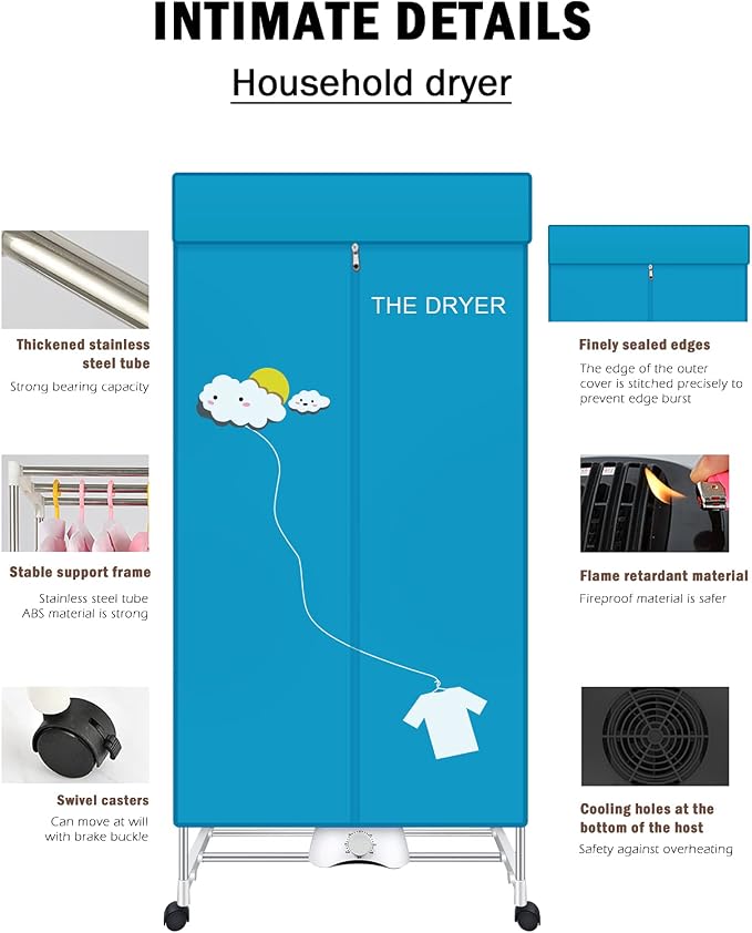 Portable Dryer, 110V 1000W Electric Clothes Dryer Machine, Double Layer Stackable, Stainless Steel, Blue, 15kg Capacity, Front Load, Ideal for Apartments, RV, Families, Campers