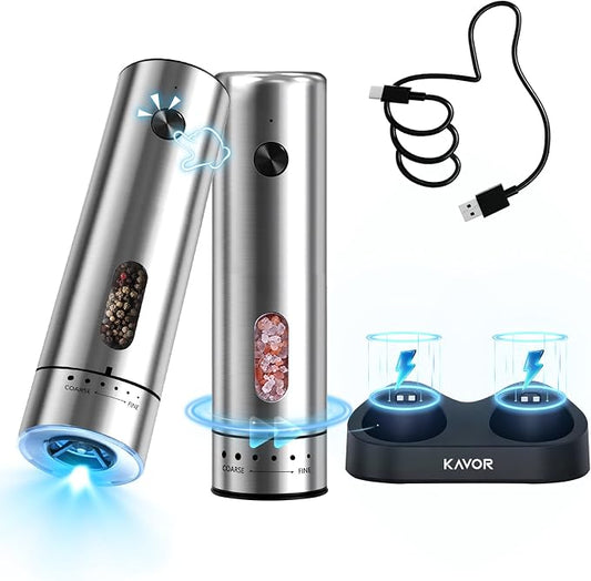 Electric Salt and Pepper Grinder Set with Charging Base - Rechargeable Automatic Pepper Grinder, Stainless Steel Cordless Push Button Mill with LED Light