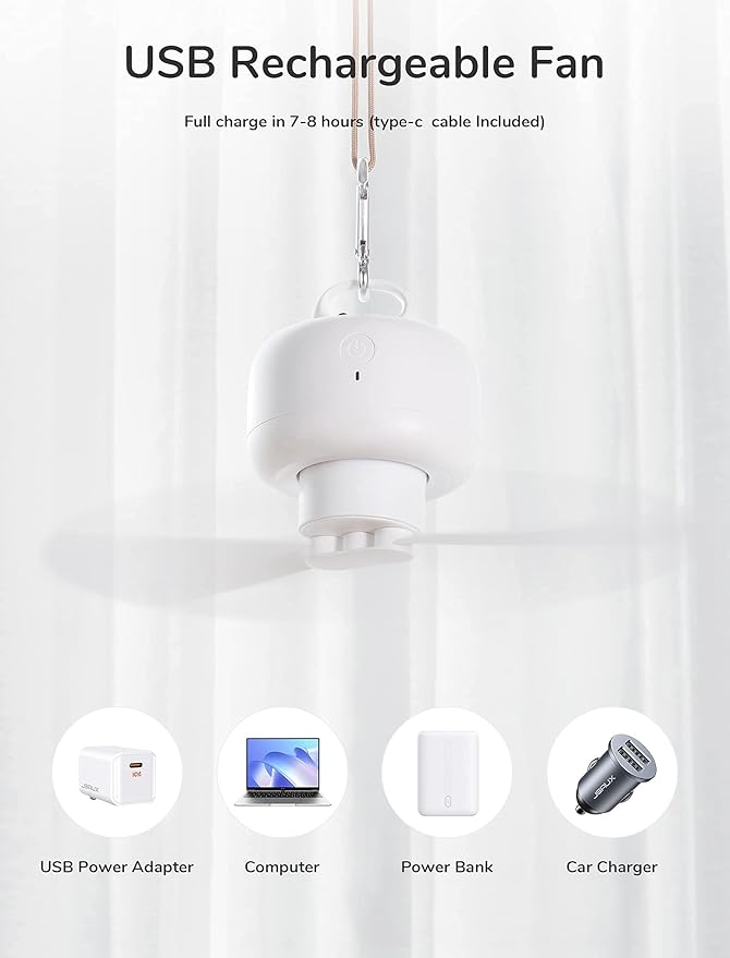 JISULIFE Camping Fan 8000mAh Battery Operated, Portable Tent Rechargeable with Remote Control, Detachable Fan-Blades, Hanging Hook, Timer, 4 Speeds for Outdoor Dorm-White