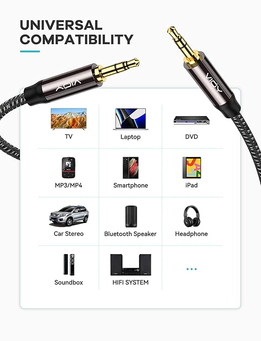 VIOY Aux Cable (15 ft), [Copper Shell, Hi-Fi Sound] 3.5 mm Male to Male Braided Auxiliary Cord Compatible with Headphone, Smartphone, Home/Car Stereo, Speaker, Echo & More