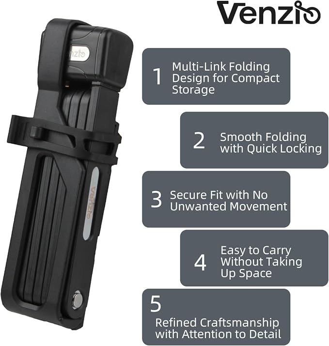 Venzio Folding Bike Lock, 7mm Heavy Duty Anti-Theft Lock with Key, 85cm/33.5in Hardened Steel Foldable Lock with Mounting Bracket for Bikes, E-Bikes & Scooters