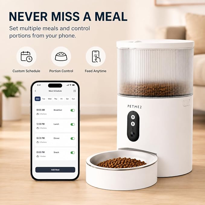 Automatic Cat Feeder with Camera, App Control, 2-Way Audio, Timed Dry Food Dispenser for Cats & Small Dogs, Smart WiFi Pet Feeder, Dual Power, Anti-Jam, Stainless Steel Bowl