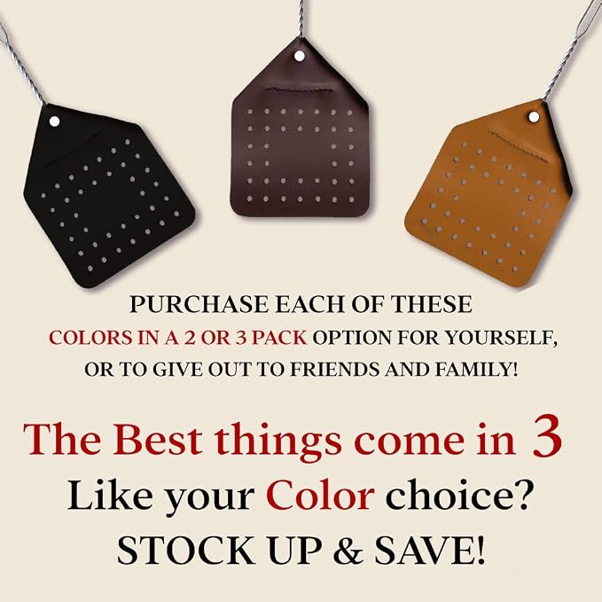 Leather Fly Swatter Set (3 Pack) – 17” Amish-Made Fly Swat w/Real Leather Paddle – Fly Swatters Multi Pack w/Metal Handle – Bug Swatter, Mosquito Swatter, Wasp Swatter (Brown)