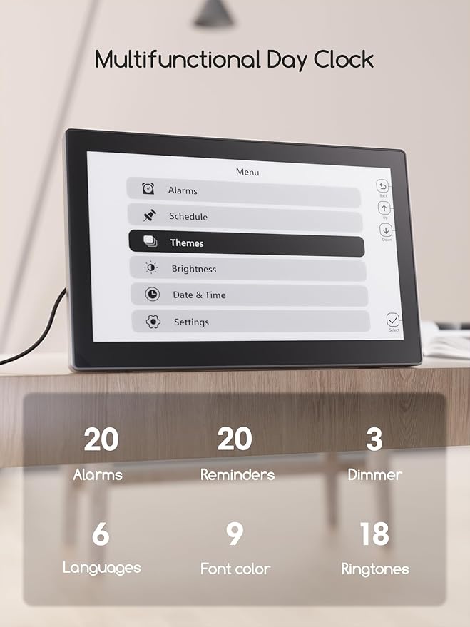 Raynic Digital Clock, 10.1 Inch Large Display Calendar Clock with 12 Themes, 20 Alarms, 20 Reminders, Auto Dimming, 12/24 Hours, Indoor Temperature, Humidity for Seniors, Desk (Black)