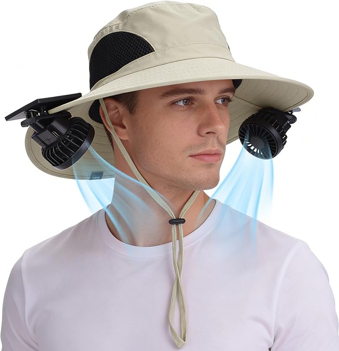 Wide Brim Sun Bucket Hat with 2 Solar Powered Fan for Men & Women | Waterproof & UPF 50+ Sun Protection Hat with Dual-Power Clip-On Cooling Fans for Outdoor Hiking Fishing Gardening