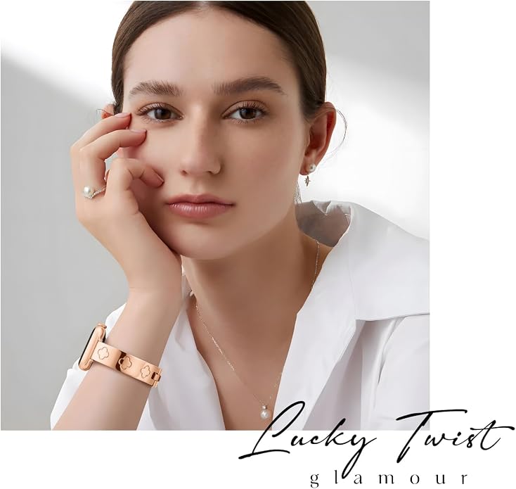 Missair Compatible with Apple Watch Band 38mm 40mm 41mm 42mm 44mm 45mm 46mm 49mm, Four Leaf Lucky Bracelet Women Dressy Stainless Steel Metal Clover Strap for iWatch Series 11 10 9 8 7 6 5 4 SE Ultra