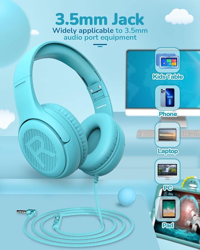awatrue Kids Headphones for School Travel, 85/94dB Safe Volume Limit, 3.5mm Jack, HD Mic, Portable Wired Headphone with Shareport, Stereo Sound On-Ear Headphones for Toddler Kids Girls Boys Blue