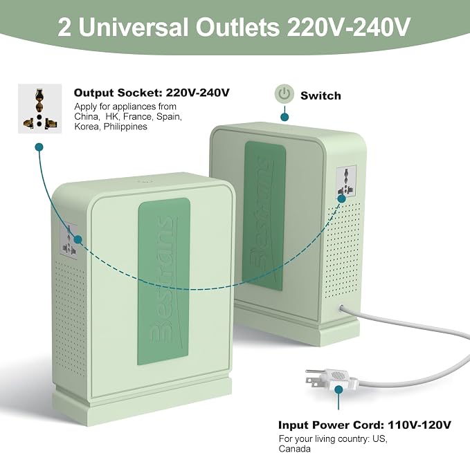 1000W Step Up Transformer 110v to 220v Converter, Heavy Duty Voltage Converter 110v-120v to 220v-240v with Dual Outlets, Overload Protection & Ultra-Quiet for Home Appliances,Light Green