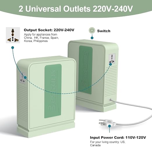 2000W Step Up Transformer 110v to 220v Converter, Heavy Duty Voltage Converter 110v-120v to 220v-240v with Dual Outlets, Overload Protection & Ultra-Quiet for Home Appliances, Light Green