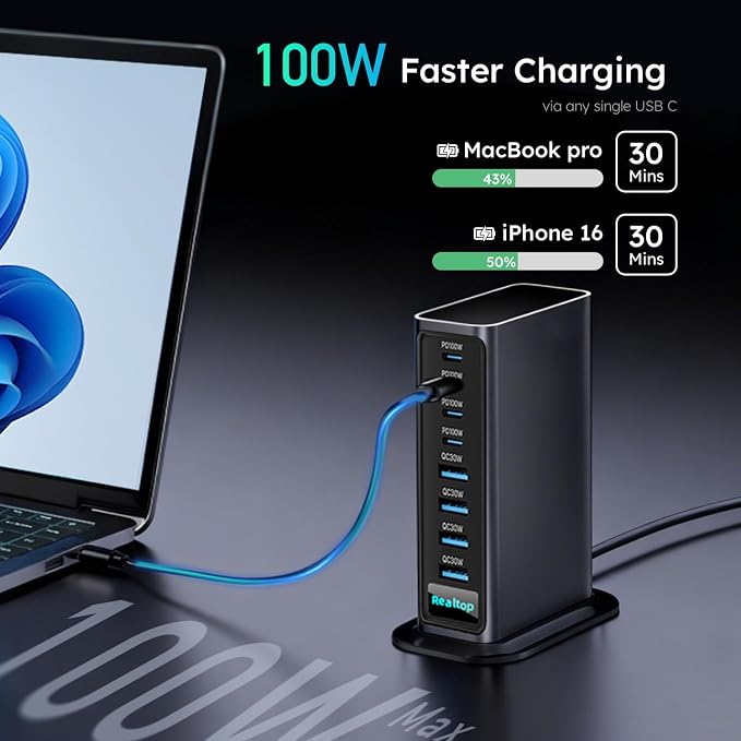 520W USB C Charging Station, 8-Port GaN Fast Type C Charger Block, Wall Charger, Multiport Desktop Power Hub for MacBook Pro, MacBook Air, iPhone 16/15, iPad, Samsung