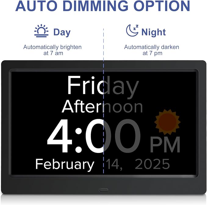 10.1 Inch Digital Alarm Clock with Date and Day of Week for Dementia Seniors, Clear Large Screen, Multiple Alarm Sets, Auto DST, Designed Specifically for Elderly - Black