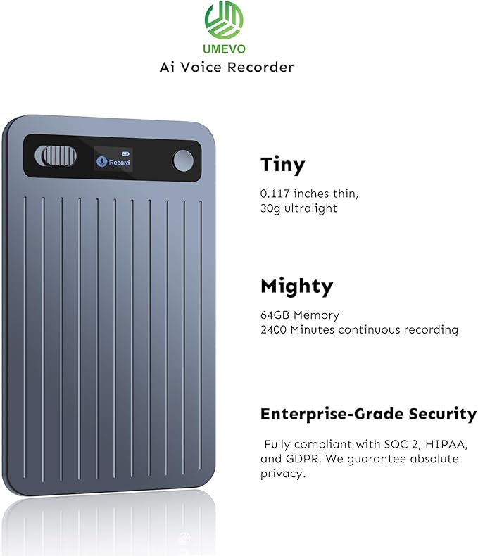 UMEVO Note Plus AI Voice Recorder : Unlimited Transcribe & Summarize, AI Note Taking Device 64GB with Case, App Control, 140 Languages for Calls, Lectures, Meetings, Interviews(Blue)