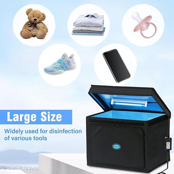 Large UVC Sanitizer Box with Ozone, Foldable Cleaner Bag with Timer, 36L/9.5gal UV Light Bulb Black Tote for Shoes, Cell Phone,Key