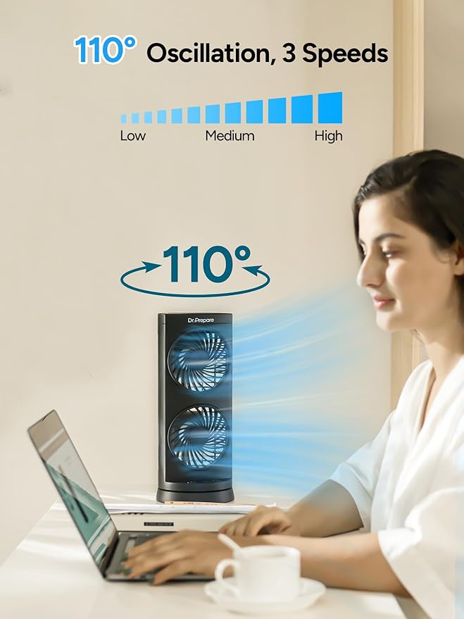 Dr. Prepare Tower Fan DC Oscillating Fan, Portable Desk Fan with 3-Speed Options, Dual Air Circulation, 110° Oscillation, 3 Timers, Personal Quiet Table Fan for Home Office Desktop Bedroom, 13 inch