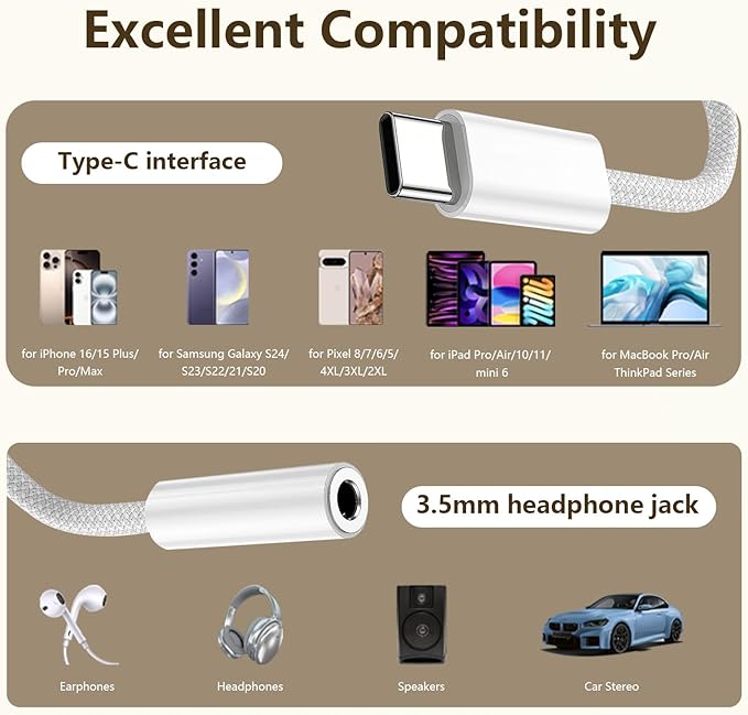 USB-C to 3.5mm Audio Headphone Adapter - HiFi Compatible with Apple iPhone 17 16 15 Galaxy S25 S24 S23 S22 S21 Plus Pro Max Ultra Pixel iPad - Type C to Aux Cord Jack Dongle Nylon-Braided (5 Pack)