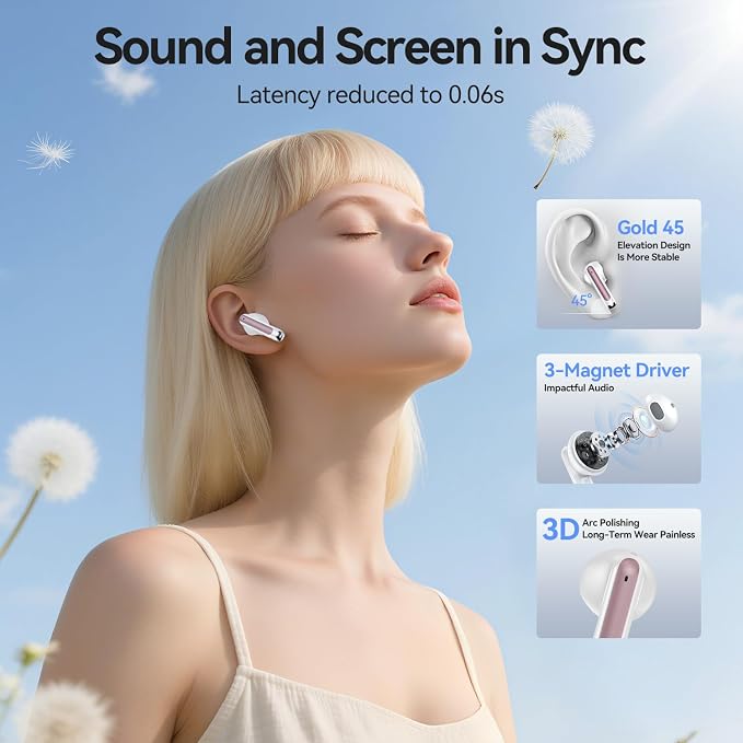 Wireless Earbuds, Bluetooth 5.4 Headphones HiFi Stereo with 4 HD Mic, 50H Playtime Bluetooth Earbuds with Dual LED Display, IPX7 Waterproof Wireless Earphones, Touch Control Ear Buds,USB-C, Rosa Gold