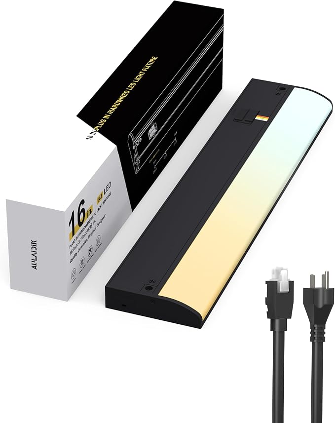 Hardwired Under Cabinet Lighting, 16 inch LED Under Counter Lights for Kitchen, CRI 97, 120V, 12W, 1050Lm 3CCT Dimmable Linkable Under Cabinet Lights with Power Cord and Linked Cord, Black