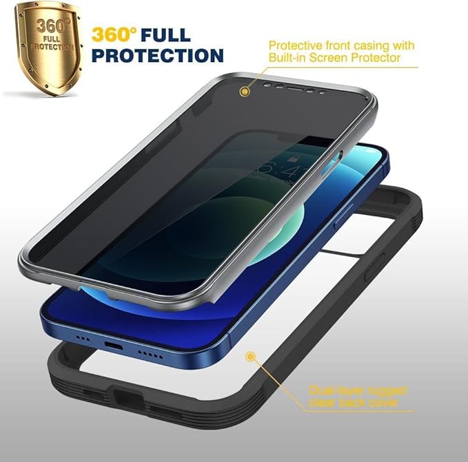 Diaclara Designed for iPhone 12 Mini Case, Full Body Rugged with Built-in Touch Sensitive Anti-Scratch Privacy Screen Protector, Soft TPU Bumper Case for iPhone 12 Mini 5.4" (Black)