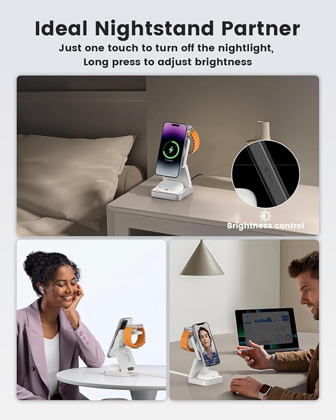 3 in 1 Wireless Charging Station Magnetic Wireless Charger,Portable Foldable Travel Essential with Nightlight Fast Charger Stand for iPhone 17 Pro Max/17 Pro/17Air/17/16/15/14/13,AirPods&Apple Watch