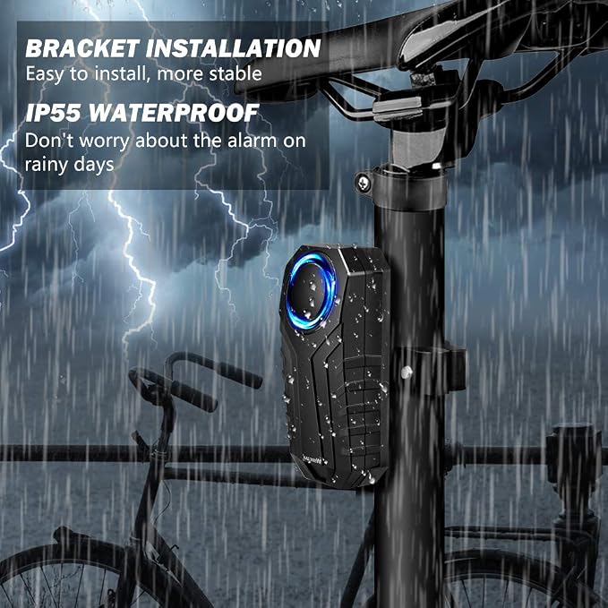 WSDCAM Anti-Theft Bike Alarm with Mount, 113dB Burglar Vibration Motorcycle Bicycle Alarm Security System Waterproof Cycle Bike Alarm with 2 Remotes