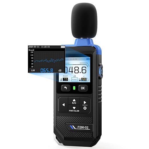 FNIRSI FDM-02 Decibel Meter, 30–130dB Sound Level Meter with 2" IPS Screen, A/C Weighting & Fast/Slow Response, Rechargeable for Home, Audio & Workplace Noise
