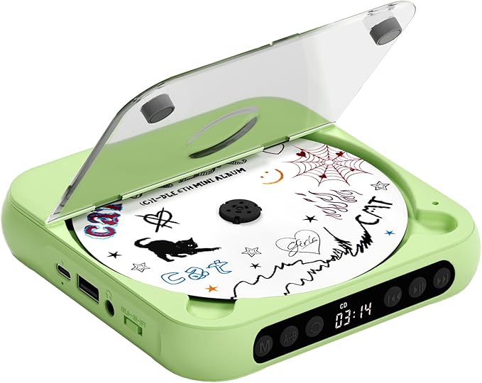 ENVYCLOUD CD Player Portable with Dual Stereo Speakers, Rechargeable Portable Player with Bluetooth for Home with Headphones, Support CD/AUX/USB,Green