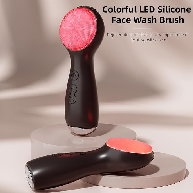 Colorful LED Silicone Face Wash Brush - Sonic Vibration Face Cleaner with Heat Sensation, 3 Modes & Ergonomic Handle, Waterproof Electric Face Brush for at-Home Spa & Travel Skincare (Black)