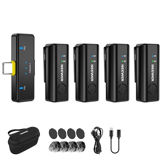 NEEWER KM23C AI Wireless Lavalier Microphone Compatible with iPhone Android Tablet PC Laptop, Omnidirectional 48K/24Bit 20-20KHZ AI Noise Cancellation Mute 70m Range 32h Total Battery (1x RX + 4X TX)
