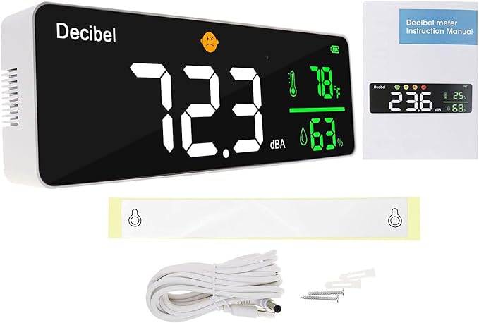 Decibel Meter Wall Hanging Sound Level Meter 11 inch Large LED Display Noise Temperature Humidity Meter with Alarm Icons Indicator Wide Applications for Classroom, Studio, Home, Factory