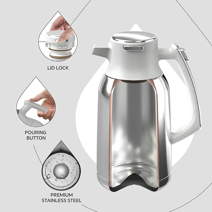 IDEUS Thermal Coffee Carafe, Stainless Steel Double Wall Insulated Vacuum Flask, Water Jug Coffee Server and Beverage Dispenser, Heat and Cold Retention (White, 68, Fluid Ounces)