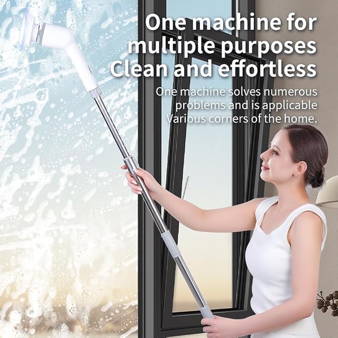 Electric Spin Scrubber, 360 Degrees 3 Speeds Power Cordless Shower Scrubber with 8 Replaceable Brush Heads and Adjustable Extension Arm for Bathroom Floor Shower Bathtub Glass