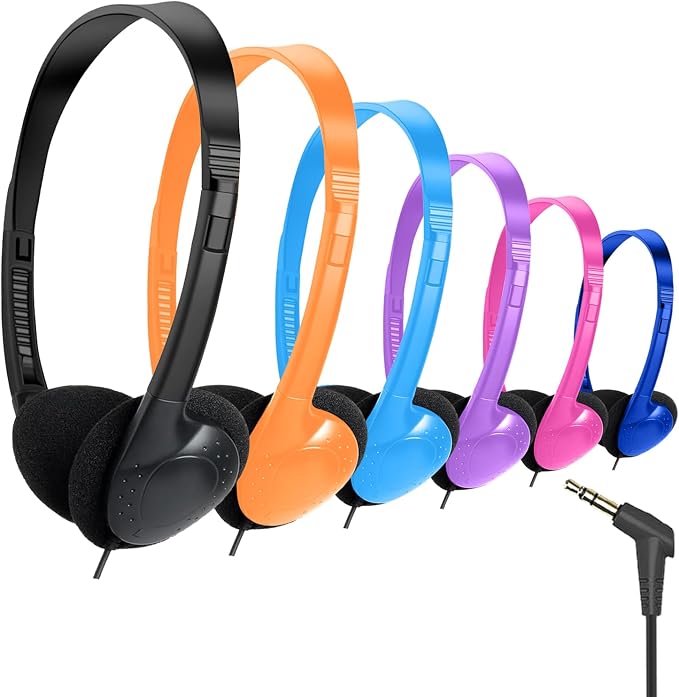 Classroom Headphones Bulk 6 Pack for School Kids Student,Affordable Wired On Ear Headset with 3.5mm Plug for Children Toddler Teens Boys Girls and Adult(GS857,Mixed)