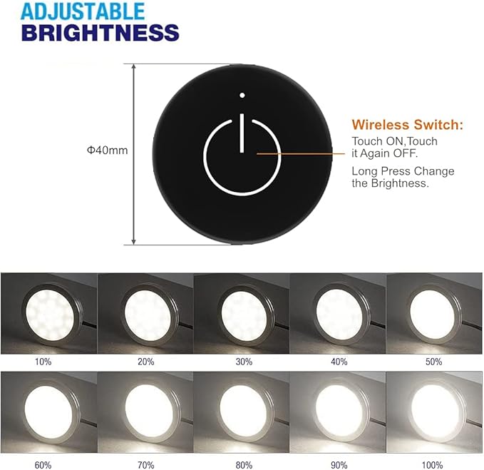 VST Under Cabinet Lighting 12V 2W (12W Total, 60W Equivalent), Wireless Dimmer Switch, Recessed or Surface Mount Wiring Puck Light for Kitchen, Wardrobe (3 Pack Black 4000K)