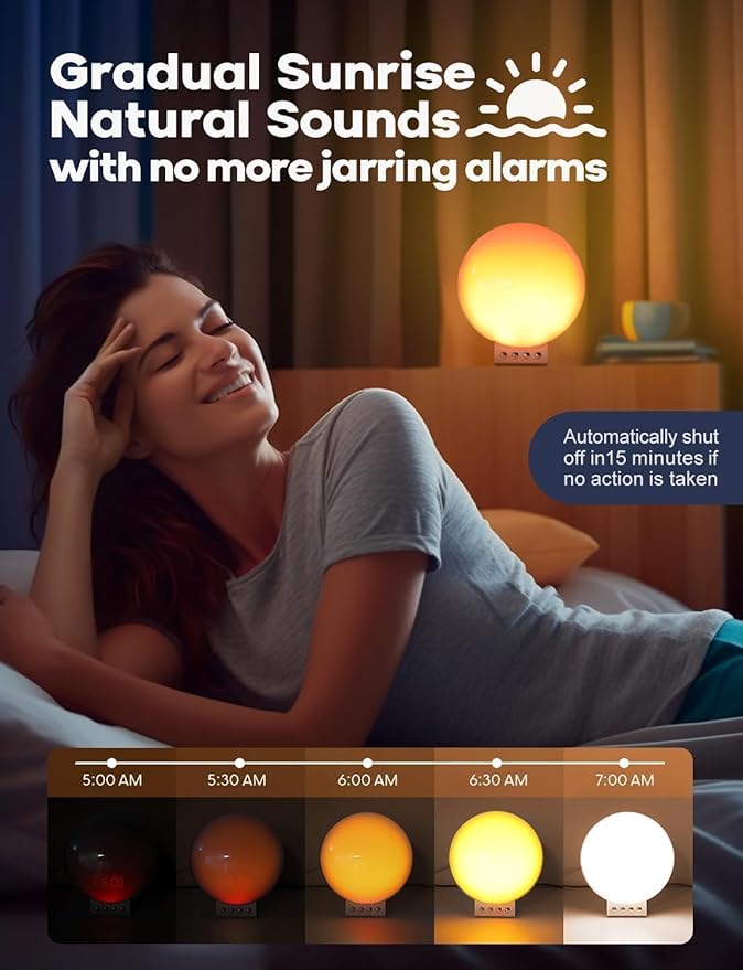 Dekala Smart Sunrise Alarm Clock with Wireless Charging for iPhone 14 13 12 Apple Watch AirPods Samsung, White Noise Sleep Sounds Machine, Nursery Night Light for Heavy Sleeper Kid
