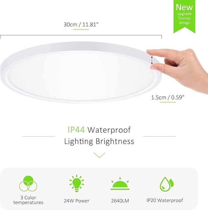 4 Pack LED Flush Mount Ceiling Light, 24W Ultra Thin Round White 3000k/4000k/6500k 3 Color Temperatures Adjusted 12 Inch Modern Ceiling Lights for Bedroom Bathroom Kitchen, Wired