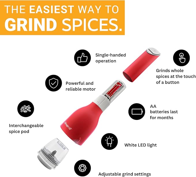 FinaMill’s Award-Winning Battery Operated Salt and Pepper Grinder Set – Adjustable Coarseness, Ceramic Grinding Elements, LED Light, 2 Quick-Change Pods – Perfect for Home Cooking and Gifting