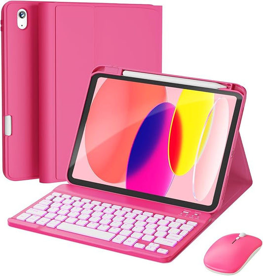 RAYMCRAFT for iPad 11th (A16, 2025) / 10th Generation Case with Keyboard, Mouse and Detachable Wireless Keyboard, 7-Color Backlight, Slim Case with Pencil Holder, Hot Pink