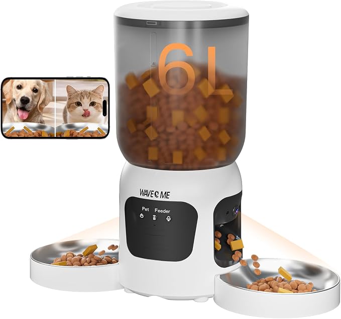 Automatic Cat Feeder for 2 Cats with Camera, Smart Cat Food Dispenser with Dual-Lens Wide-Angle View & Independent Double Bowls, Timed Dog Feeder with App Control, 10s Voice Recorder, 6L
