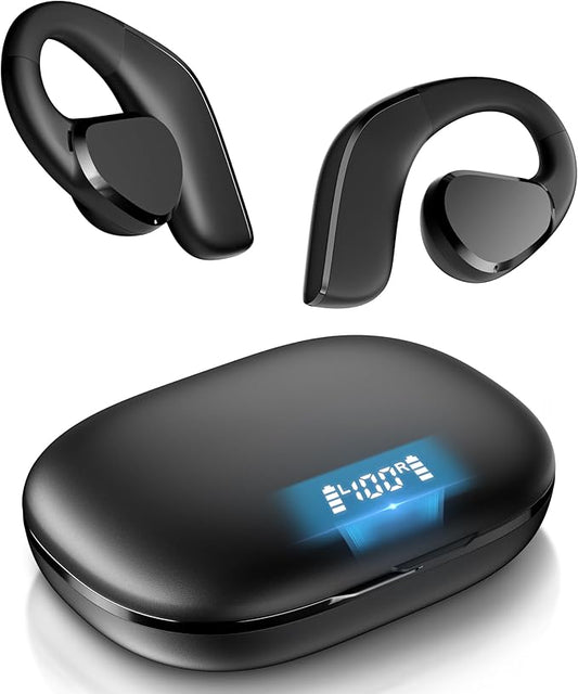 TTQ Open Ear Headphones, Bluetooth 5.3 Open Ear True Wireless Earbuds, Sports Earbuds with Earhooks, 60H Playtime, Wireless Charging Case & LED Display, IP66, Running Workout (Black)
