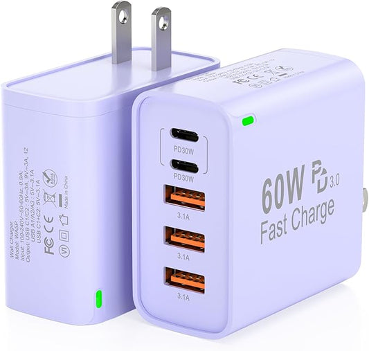 2Pack USB C Fast Charger Block, Total 60W 5-Port USB C Wall Charger 30W Type C Charging Block, 2USB C+3USB A PD 3.0 Multiport Charging Cube for iPhone 17 16 15 14 Pro Max, G-alaxy S26 S25 Ultra, i Pad