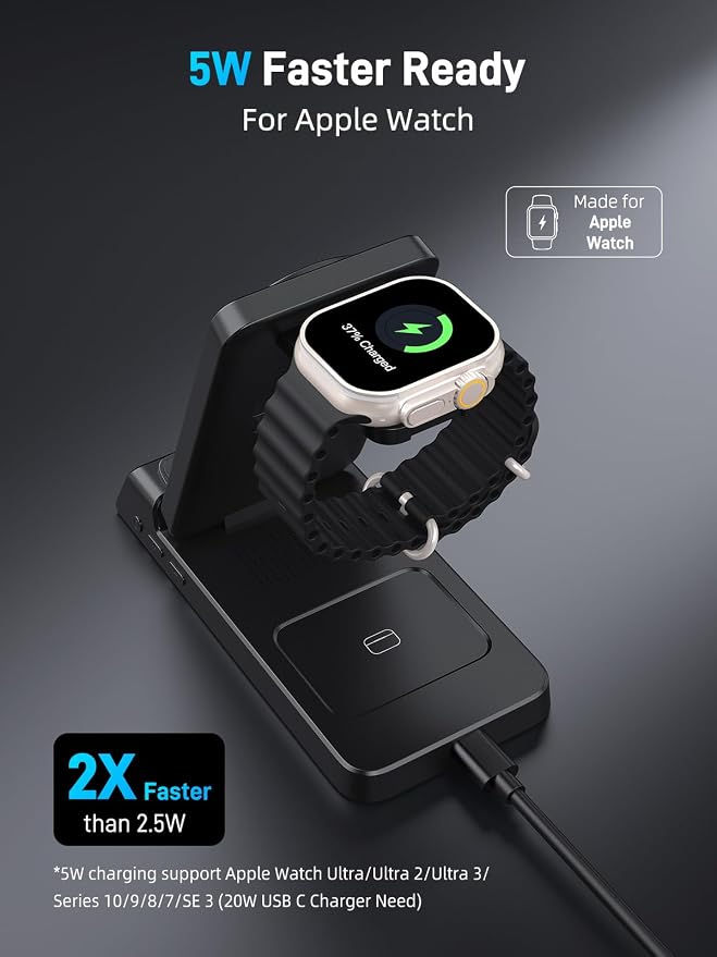3 in 1 Charging Station for Apple, ELECDOV Magnetic Charger for iPhone, Foldable Wireless Charger with Clock, Travel Watch Charger Stand for iPhone 17/Air/16/15 Series, iWatch 10/AirPods 4