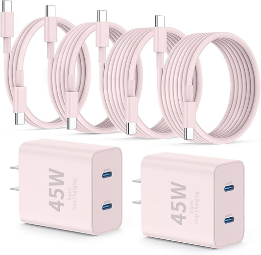 QZIIW iPhone 16 15 Pro Max Charger Fast Charging,45W Dual Port USB C Fast Charger Block [2-Pack] & Extra Long 60W 3/6/10/10FT USB C Cable - PD Quick Adapter 3.0 for iPhone 16 15/16 15 Pro/16 15 Plus.