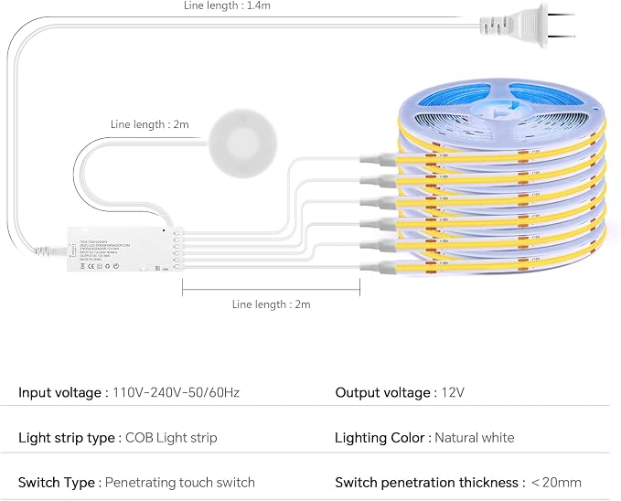 LED Shelf Light 12V,6.56Ft 6-in-1Dimmable Cuttable COB LED Strip Lights,with 60W Adapter Cabinet Light 4000K for Bookshelf, Display Cabinet, Closet, Kitchen and Pantry