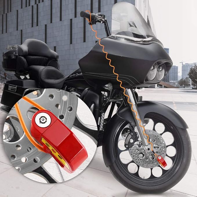 YOHOOLYO Alarm Disc Lock Motorcycle Disc Brake Lock Anti-Theft Waterproof 110 dB 7mm Pin 5ft Reminder Cable for Motorcycles Bike Scooter Carry Pouch (Red)