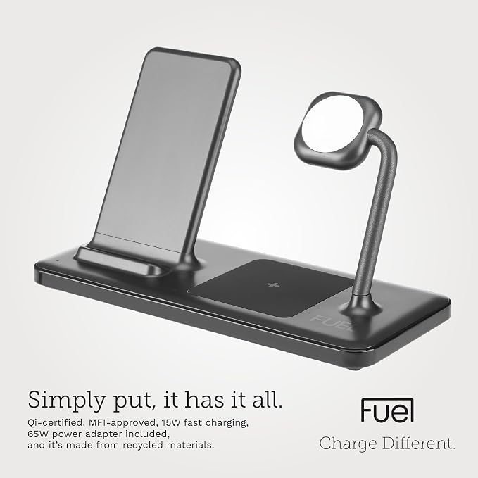 FUEL 4in1 Fast Wireless Charging Station for Multiple Devices -Portable iPhone Charger w/ Adapter -3 Charging Pads 1 USB-C Port for iPhone 17 Pro Max/16/15 Apple Watch 11/10(Charger Included) AirPods