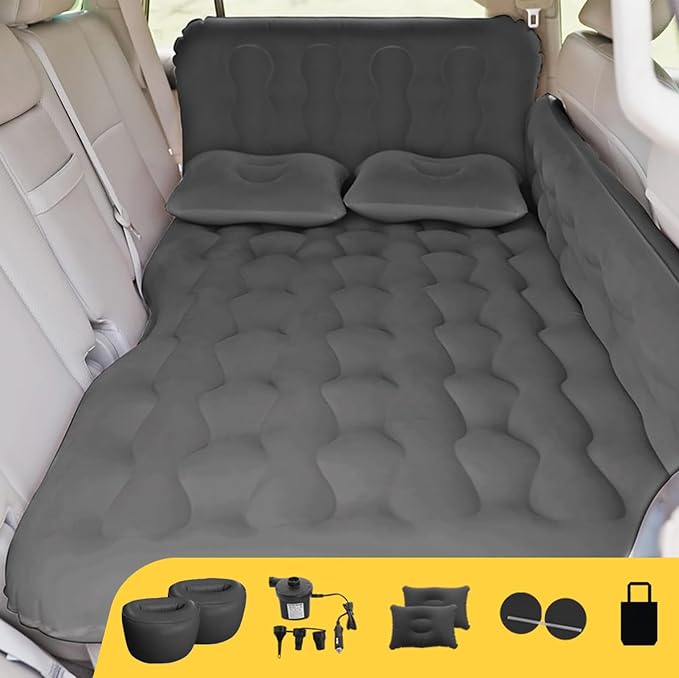 Car Bed SUV Air Mattress, Car Air Mattress with Electric Pump, 2 Inflatable Pillows and 2 Footrests for Back Seat, Side Seat,Trunk Sleeping, Thickened Camping Bed - Black