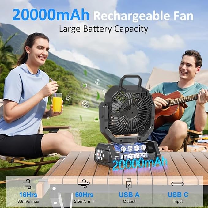 Portable Fan Rechargeable, 20000mAh Cordless Battery Powered Camping Fan with LED Light & Remote, 4 Speeds Wind, Timer, USB C, Hanging Hook, Oscillating Fans for Travel Tent, Camping Essentials