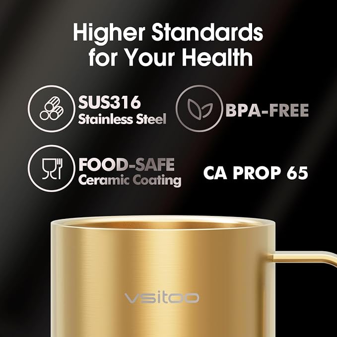 Vsitoo S6 Plus 12oz Smart Self Heating Coffee Mug, AI Auto-Sensing Heated Espresso Mug Temp Control 120-150℉, Rechargeable Mug Warmer with Music LED, IPX7 Gift for Women Men- Gold