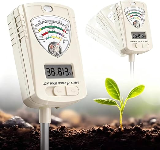 Soil Moisture Meter, 7-in-1 Soil Test Kit with Moisture/pH/Temperature/Sunlight/Air Humidity/Fertility, Soil Tester for Farming, Plants Gardening, Lawn, Gardening and Outdoor Plants