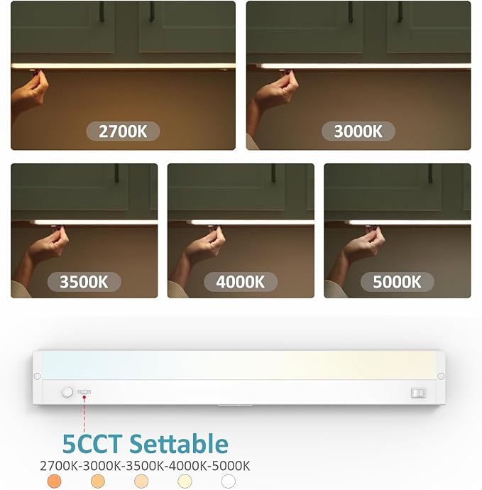 Leetdud Under Cabinet Lights Plug in or Hardwired Built-in Dimmer, 16 Inch 8W, 5CCT 2700K-5000K, Linkable Undercounter Lighting for Kitchen, ETL Dimmable LED Undercabient Light Fixture, White